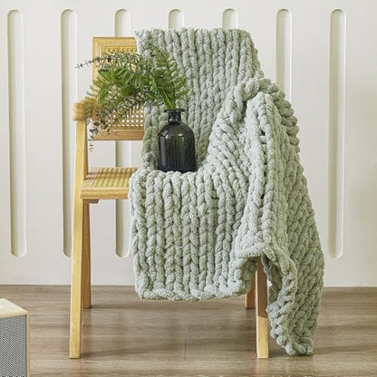 WESHIONGOO Chunky Knit Blanket Throw for Couch Bed 40"×40" Sage Green | 100% Handmade Knit Throw blanket Throw Blanket With Jumbo Chenille Yarn Thick - color: Sage Green, size: 40"x40"(Small Size Throw)