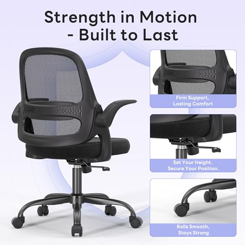 amseatec Ergonomic Mesh Desk Chair with Flip-Up Arms, Supports 300 lbs | Aerospace-grade frame, Mesh & 3" foam seat. 90-110° rocking, height adjustable, 360° swivel. - color: Black