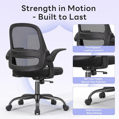 amseatec Ergonomic Mesh Desk Chair with Flip-Up Arms, Supports 300 lbs | Aerospace-grade frame, Mesh & 3" foam seat. 90-110° rocking, height adjustable, 360° swivel. - color: Black