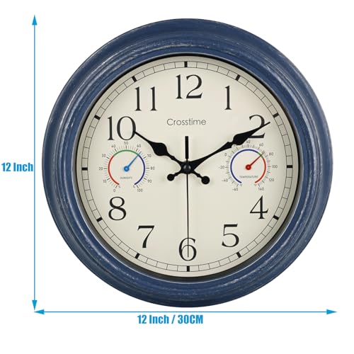 Crosstime 12 Inch Outdoor Clock Waterproof with Thermometer & Hygrometer – Silent Retro Wall Clock for Patio, Pool, Porch, Backyard, Bathroom – Blue - color: 12" Blue