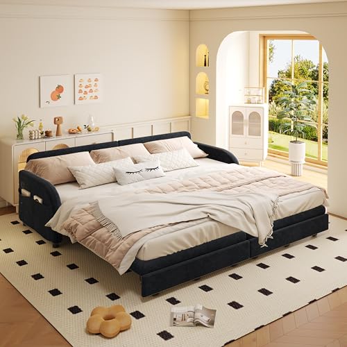 81.1'' King Size Sleeper Sofa Bed, 3-in-1 Pull Out Chenille Couch, Black | Cozy Curved Armrest, Loveseat with USB, 2 Round Pillows, Washable Cover, Pocket, for Living Room, Apartment, Small Spaces, RV - color: Black, size: 81.1'' King