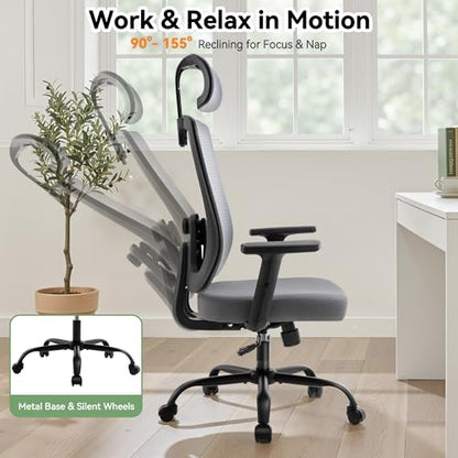 Office Chair with Mesh High Back, Ergonomic Office Desk Chair with Adjustable Lumbar Support, Rolling Work Chairs with Wheels and Headrest, Grey - color: Grey
