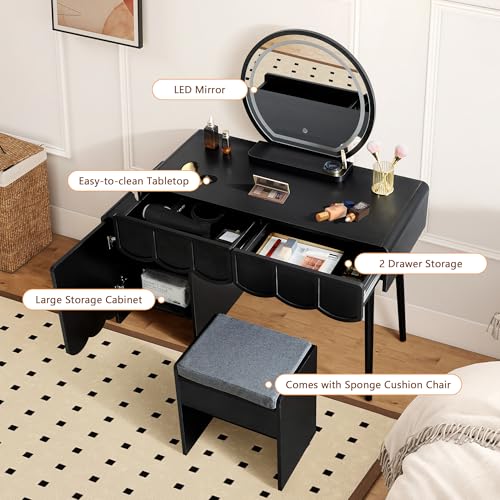 Vanity Desk with Mirror and Lights, Modern Wood Wave Panel Vanity Desk Set Makeup Table with Drawers and Cabinet, Dressing Table with Storage for Bedroom, Black - style: Black