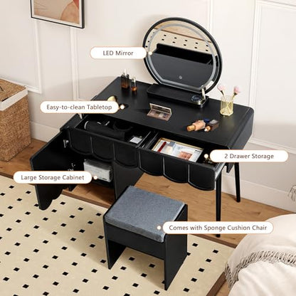 Vanity Desk with Mirror and Lights, Modern Wood Wave Panel Vanity Desk Set Makeup Table with Drawers and Cabinet, Dressing Table with Storage for Bedroom, Black - style: Black