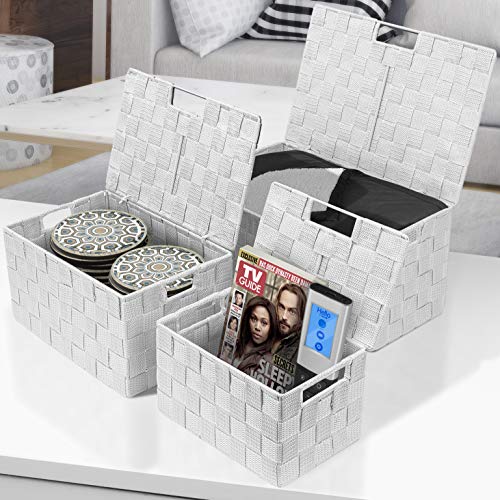 Sorbus Set of 3 Hand-Woven Storage Baskets with Lids – Decorative Wicker Organizers for Home, Closet, or Shelves (White) - color: White