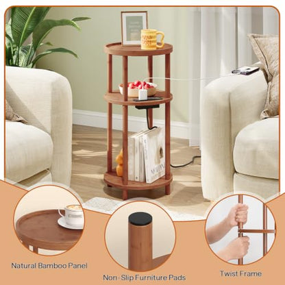 HOOBRO Small Round Side Table with Charging Station, 3-Tier Round Bamboo End Table, Compact Sofa Bedside Table for Small Space, Easy Assembly, for Living Room, Bedroom, Apartment, Walnut WL152UBZ01 - color: Walnut
