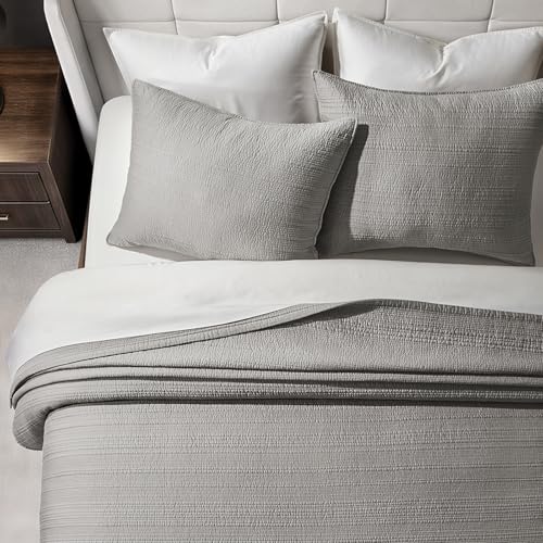 EVERGRACEHOME Cotton Sateen Channel Quilt Set, King Size, Fog Gray | 100% Cotton, Pre-Washed Soft Coverlet Bedspread, 3-Piece Refined Channel Stitch Bedding Set for All Season, 2 Pillow Shams - color: Fog Gray - Refined Channel, size: King (110" X 92")