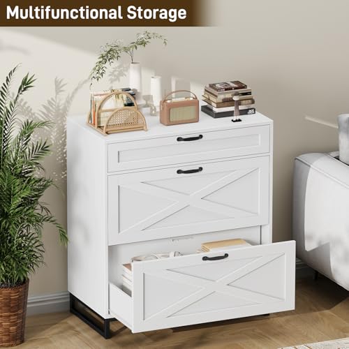 Lateral File Cabinet, Farmhouse File Cabinet with 3 Drawers, Office White | Modern Farmhouse File Cabinet for Legal/Letter/A4 Size Hanging Files, Printer Stand Large Wood Home Office Cabinet - color: Office White
