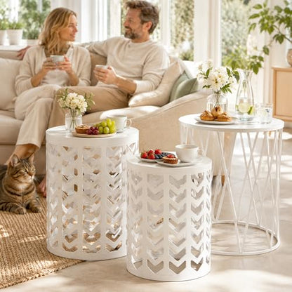 HFHOME Nesting Coffee Tables Set of 3, Industrial Metal Stacking Accent Side Tables Circle Table for Small Space, Living Room, Apartment, Bedroom Indoor - White - color: Classic White
