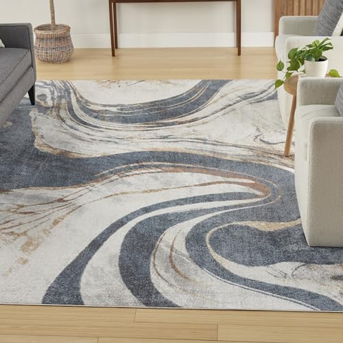 Nourison Home Astra Machine Washable Ivory Blue 6'7" x 9' Area Rug - Easy Clean, Non Shedding, Bed Room, Living Room, Dining Room, Kitchen (7' x 9') - color: Ivory Blue, size: 6'7" x 9' (Rectangular)