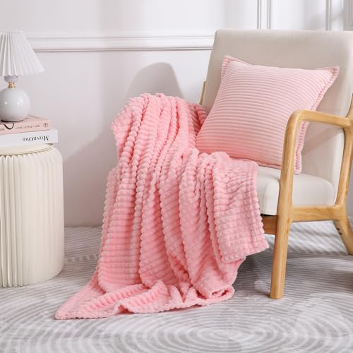 Puncuntex Fleece Throw Blanket Light Pink 108"×90" with Square Grid Design | Super Soft Plush Cozy Flannel Throw Blanket Luxury for Couch Sofa Chair - color: Light Pink, size: 108"×90"