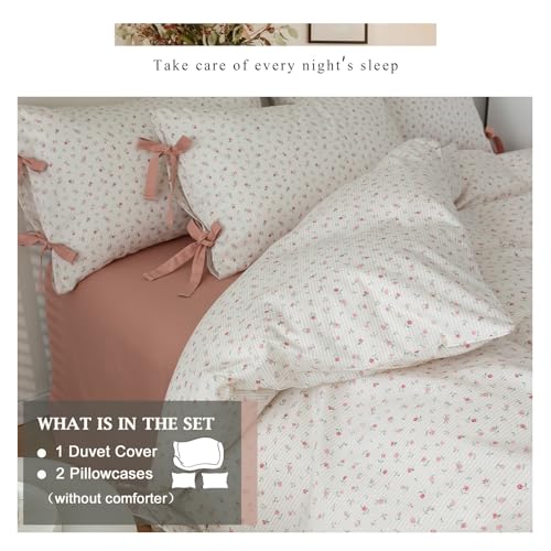 VM VOUGEMARKET Full Duvet Cover Set,3 Pieces Pink Flower Stripes Prints Duvet Cover with 2 Bowknot Pillowcases Vintage Floral Bedding Set Full Size 80"x90",Off-White/Cream - color: 03- Bowknot # Flower / Stripes (No Comforter), size: Full
