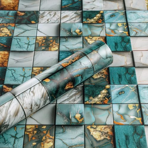 ReWallpaper Teal Gold Marble Backsplash Wallpaper Peel and Stick Kitchen Wallpaper Waterproof Vinyl Wall Covering Removable Contact Paper for Stove Wall Bathroom Backsplash Laundry Room 17.5in x 10ft - size: 17.5in x 10ft