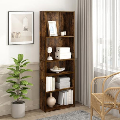 Furinno Jaya Book Shelf Set of 2, 5-Tier Bookshelf, Bookcase, with Adjustable Shelf, 9.5 x 24.5 x 71, for Home Office, Living Room, Amber Pine - color: Amber Pine, size: Set of 2, 5-Tier