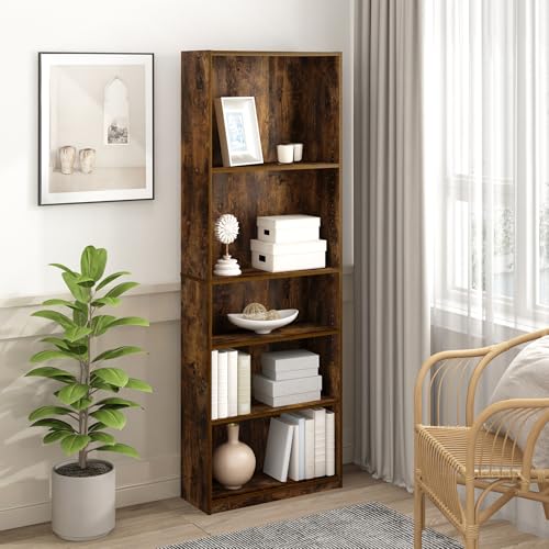 Furinno Jaya Book Shelf Set of 2, 5-Tier Bookshelf, Bookcase, with Adjustable Shelf, 9.5 x 24.5 x 71, for Home Office, Living Room, Amber Pine - color: Amber Pine, size: Set of 2, 5-Tier