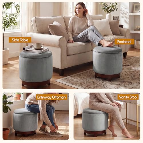 Giantex Round Ottoman with Storage, 360° Swivel Velvet Vanity Stool with Removable Lid, Wood Frame & Legs, Ottoman Foot Rest for Living Room, Bedroom, Makeup Room No Assembly (Gray & Walnut) - color: Gray & Walnut