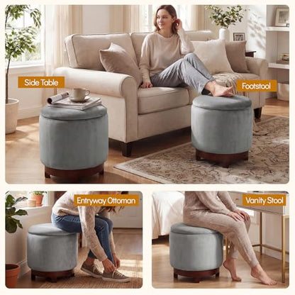 Giantex Round Ottoman with Storage, 360° Swivel Velvet Vanity Stool with Removable Lid, Wood Frame & Legs, Ottoman Foot Rest for Living Room, Bedroom, Makeup Room No Assembly (Gray & Walnut) - color: Gray & Walnut