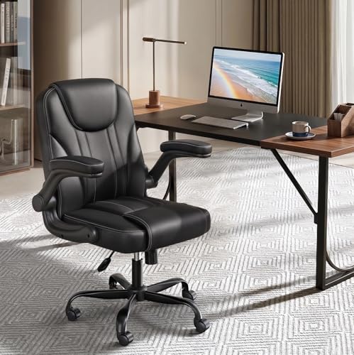 PU Leather Mid-Back Office Chair, Flip-Up Arms, 3.5" Dual-Layer Cushion | PU leather mid-back chair with 3.5" dual-layer cushion, flip-up armrests, swivel wheels, and pneumatic height adjustment - color: Black