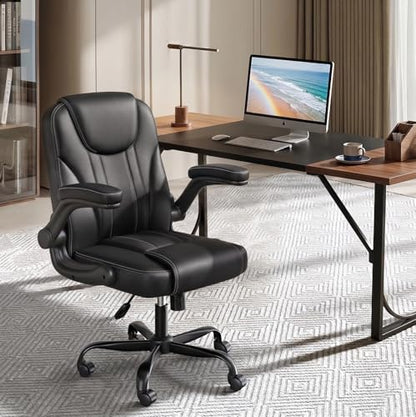 PU Leather Mid-Back Office Chair, Flip-Up Arms, 3.5" Dual-Layer Cushion | PU leather mid-back chair with 3.5" dual-layer cushion, flip-up armrests, swivel wheels, and pneumatic height adjustment - color: Black