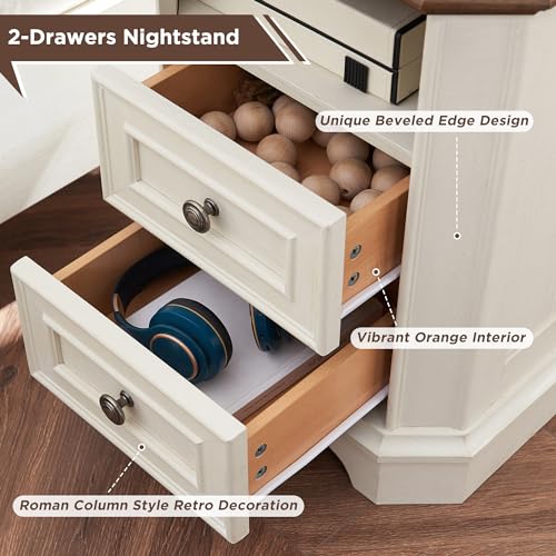 T4TREAM Farmhouse Nightstand with Charging Station, 18" End Table with 2 Drawers, Wood Side Table, Bedside Cabinet for Bedroom, Living Room (Antique White) - color: Antique White