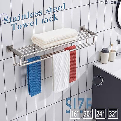 KOKOSIRI Towel Shelf with Double Towel Bars 32 Inches Bathroom Towel Rack Bath Towel Holder Wall Mounted Stainless Steel, Brushed Nickel, B6005BR-L32 - color: Brushed Steel, size: 32 Inch