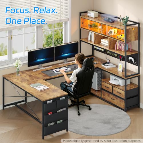 busyeah U-Shaped Gaming Desk with Storage Shelves & 3 Drawers, Rustic Brown | Reversible Computer Desk with LED Lights & Charging Station, Gaming Desk with Hutch and Pegboard for Home Office, Gamers - color: Rustic Brown