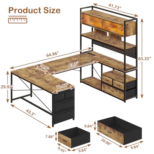 Dnxao 65" Gaming Desk with 3 Drawers and Pegboard, Rustic Brown | Reversible U Shaped Computer Desk with Power Outlets and LED Lights, Storage Shelves Workstation with Pegboard for Gamers - color: Rustic Brown