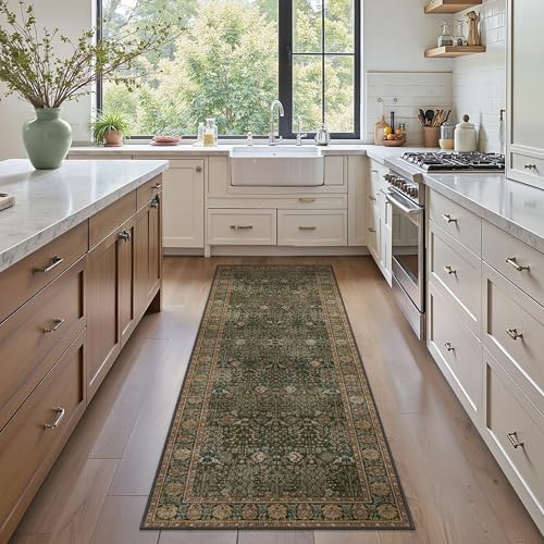 2x6 Kitchen Runner Rug, Washable Non Slip, Dark Green Brown | Vintage Floral, Spill Resistant, Lightweight Low Pile Carpet for Hallway, Bedroom, Laundry Room and Bathroom - color: Dark Green Brown, size: 2' x 6' (Rectangular)