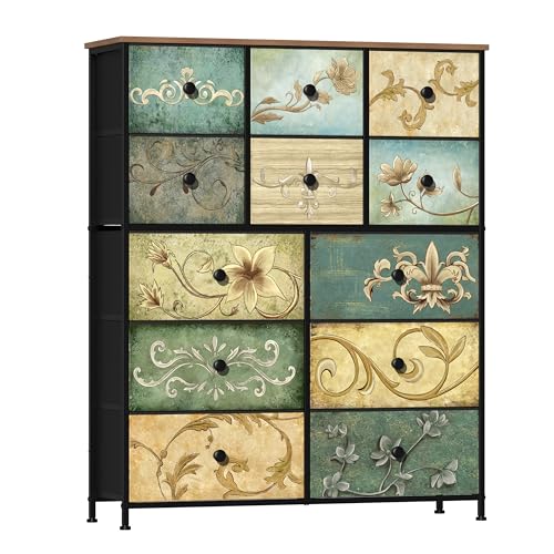 Dresser with Drawers for Bedroom Chest of Drawers Fabric Dresser for Closet,Nursery Entryway Hall Tree TV Stand for Living Room Retro Floral Pattern Drawers Wooden Top (12 Drawers) - size: 11.8"D x 39"W x 48.4"H (12 Drawers)