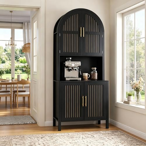 76" Tall Arched Kitchen Pantry, Large Kitchen Storage Cabinet with Fluted Doors and Microwave Stand, Modern Wood Buffet Sideboard, Adjustable Shelves, Cupboard for Dining Room, Living Room, Black - color: Black