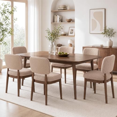 Wooden Dining Chairs Set of 6, Boucle Upholstered Kitchen Chairs with Solid Wood Legs, Mid Century Modern Dining Chairs, Farmhouse Side Chair with Hardwood Frame for Dining Room, Khaki - color: Khaki, size: Set of 6