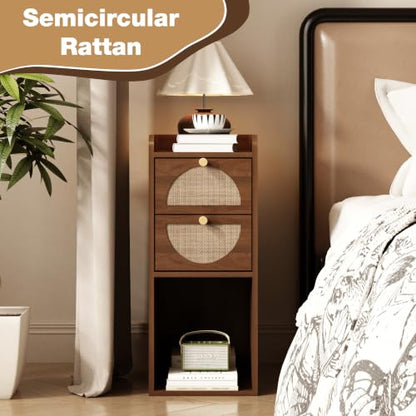 Narrow Nightstand Set of 2 (Rattan & Wood) - Small Bedside Table with 2 Drawers, Open Shelf, Mid Century Modern End Table - for Bedroom, Living Room & Small Spaces, Walnut - color: Walnut, size: 9.9"W (2 Pc)