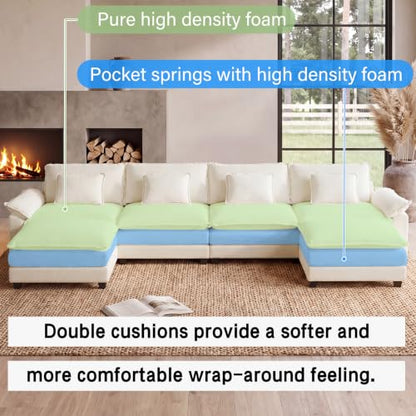 154" Modular Sectional Sofa, Comfy Deep Cloud Couch with Ottoman | U-Shaped Couches for Living Room, Modular Couch, Deep and Wide Seat, Chenille Sofa Sleeper with Throw Pillows, Beige White - color: Beige White, size: 154 Inch U