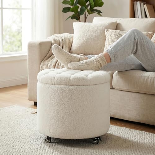 Modern Round Storage Ottoman with Wheels,Button Tufted Ottoman Footstool Ottomans with Removable Lid Storage Footstool for Living Room, Bedroom, Makeup Room, Faux Fur, White - color: White-2
