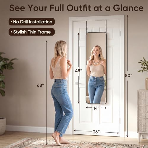 Antok 48"x14" Over the Door Mirror, Full Length Mirror Door Hanging with Aluminum Metal Frame, Rectangle Wall Mounted Body Mirrors for Bedroom, Dressing & Makeup Mirrors for Daily Outfit Check, Black - color: Black, size: 48"L x 14"W