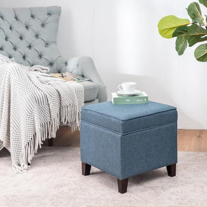 Linen Storage Ottoman with Wooden Legs, 17" Square Upholstered Flip-Top Footrest Stool, Extra Seat or Coffee Table for Living Room, Bedroom, Entryway, Blue - color: Blue