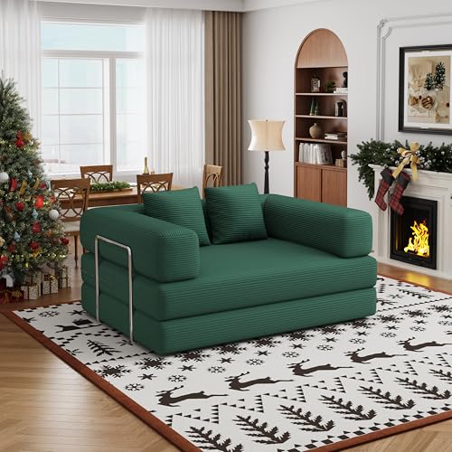 4 in 1 Convertible Sofas Boneless Couches with 2 Pillow, Modern Corduroy Futon Bed, Modular Queen Sofa with Pull-Out Bed, LoveSeat for Living Room, Small Space Apartment (Green, 53.15"Double Sofa) - color: Green, size: 53.15"Double Sofa