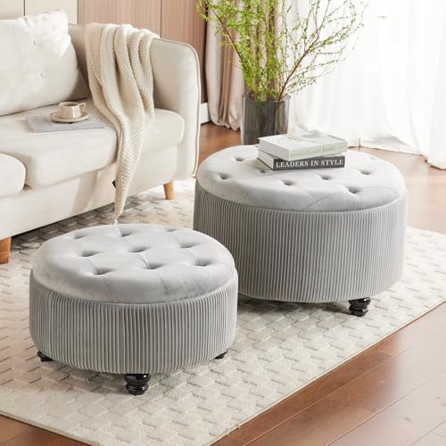 29'' & 24.5'' Round Storage Ottoman Coffee Table Set of 2, Light Gray | Ottoman with Storage, Removable Lid, Upholstered Footrest Stool for Living Room Bedroom, Easy Assembly, Velvet Ottomans - color: Large-light Grey