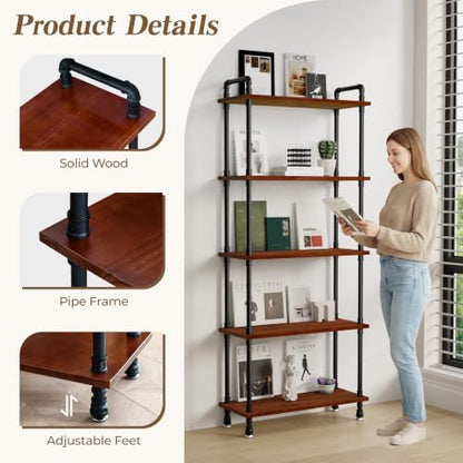 Industrial Bookshelf, Pipe Shelf Bookcase, 5 Tier, 30" Walnut | Solid pine shelves, 30 inch wide, black pipe frame, 35 lbs per shelf, open bookcase for books, plants, office - color: Walnut Brown, size: 30"L × 70"H