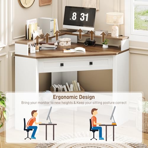 Small Corner Desk, Triangle Computer Desk for Small Space, Rustic White | 31.5" Corner Desk with Drawer and Monitor Stand, Farmhouse Computer Desk with Storage Shelf for Home Office, Living Room