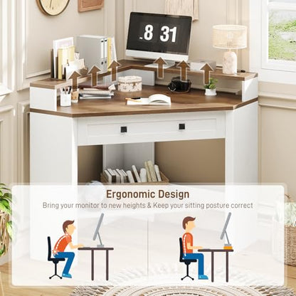 Small Corner Desk, Triangle Computer Desk for Small Space, Rustic White | 31.5" Corner Desk with Drawer and Monitor Stand, Farmhouse Computer Desk with Storage Shelf for Home Office, Living Room