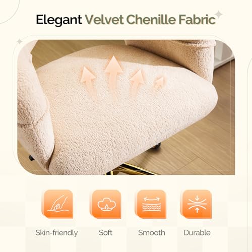 VINGLI Modern Curved Office & Vanity Desk Chair, Cute Upholstered Nail Chair with Wheels & 360° Swivel & Club & Tilting & Gold Base, for Living Room,Bedroom,Makeup, Velvet Chenille, Beige - color: Beige
