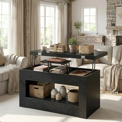 UNIQUITE 40" Lift Top Coffee Table, 4 in 1 Multi-Function Lift Coffee Tables with Storage and Hidden Compartment, Convertible Wood Coffee Tables to Dining Table for Living Room, Black - color: Black