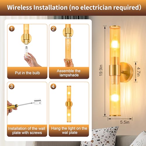 Morauroral Gold Battery Operated Wall Sconces Set of 2, Rechargeable Wall Lights with Remote Control, 20 Inch Modern Wireless Wall Lamp for Bedroom, Living Room with Amber Shade (Bulbs Included) - color: Gold（Amber Glass）