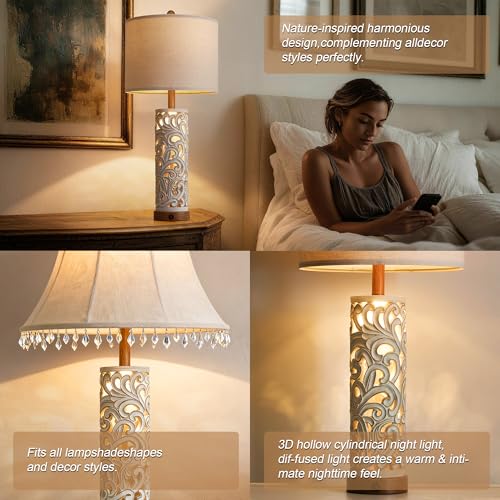 2-in-1 Light Table Lamp Set of 2 for Living Room, 28.5" Farmhouse Bedside Lamps with USB Charging Port, Main&Night Light & Dual Switches, Nightstand Lamp for Bedroom Home Office(Bulb Included) - color: Washed White and Brown