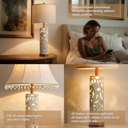 2-in-1 Light Table Lamp Set of 2 for Living Room, 28.5" Farmhouse Bedside Lamps with USB Charging Port, Main&Night Light & Dual Switches, Nightstand Lamp for Bedroom Home Office(Bulb Included) - color: Washed White and Brown