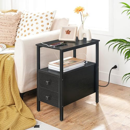 HOOBRO End Table with Charging Station, Narrow Side Table with 2 Drawer & USB Port & Power Outlets, Nightstand for Small Spaces, Stable and Sturdy, for Living Room, Bedroom, Black BK541BZ01 - color: Black