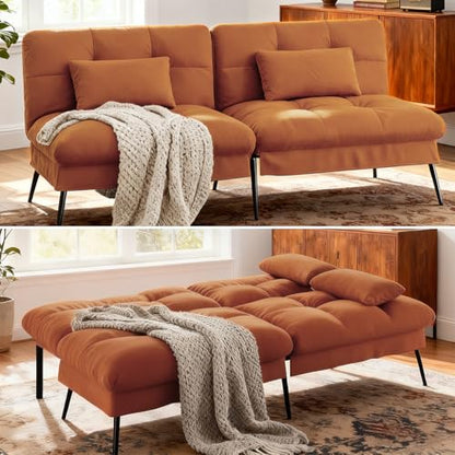 COMHOMA 72″ Convertible Futon Sofa Bed, Adjustable Backrest, Orange | Breathable Fabric Futon Couch with Pillows,Multi-angle Ergonomic Reclining,Space-saving Sleeper Sofa for Living Room - color: Orange