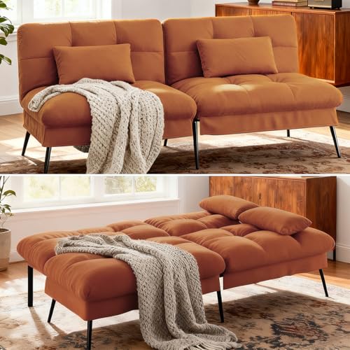COMHOMA 72″ Convertible Futon Sofa Bed, Adjustable Backrest, Orange | Breathable Fabric Futon Couch with Pillows,Multi-angle Ergonomic Reclining,Space-saving Sleeper Sofa for Living Room - color: Orange