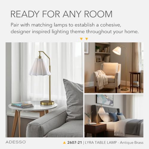 Adesso Table Lamp, Antique Brass & White, Adjustable Arm, 26” | Lyra 60W Table Lamp with Scalloped Fabric Shade, Rotary Switch, Bedroom, Living Room, or Home Office Accent Lighting